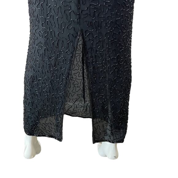VINTAGE 80s Dress Womens PM Petite Medium Black Beaded Maxi Silk Retro - Picture 9 of 13